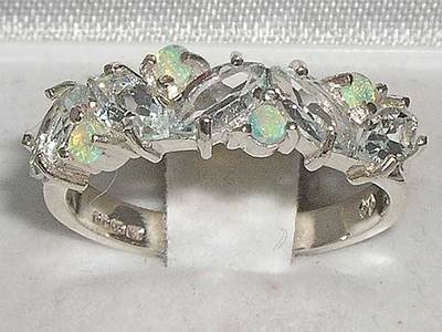 Pre-owned Gems Of America 14k White Gold Natural Aquamarine & Opal Womens Eternity Ring - Sizes 4 To 12 In Blue