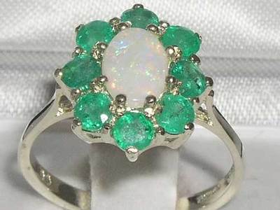 Pre-owned Gems Of America 10k White Gold Natural Opal & Emerald Womens Cluster Ring - Sizes 4 To 12 In Multicolor