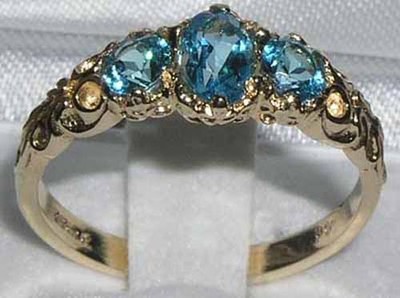 Pre-owned Gems Of America Solid 10k Yellow Gold Natural Blue Topaz Womens Trilogy Ring - Sizes 4 To 12