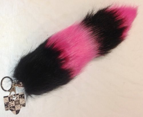 HOT-PINK-AND-BLACK-STRIPES-FAUX-FOX-TAIL-FOXTAIL-KEYCHAIN-12-CLIP-BRAND-NEW