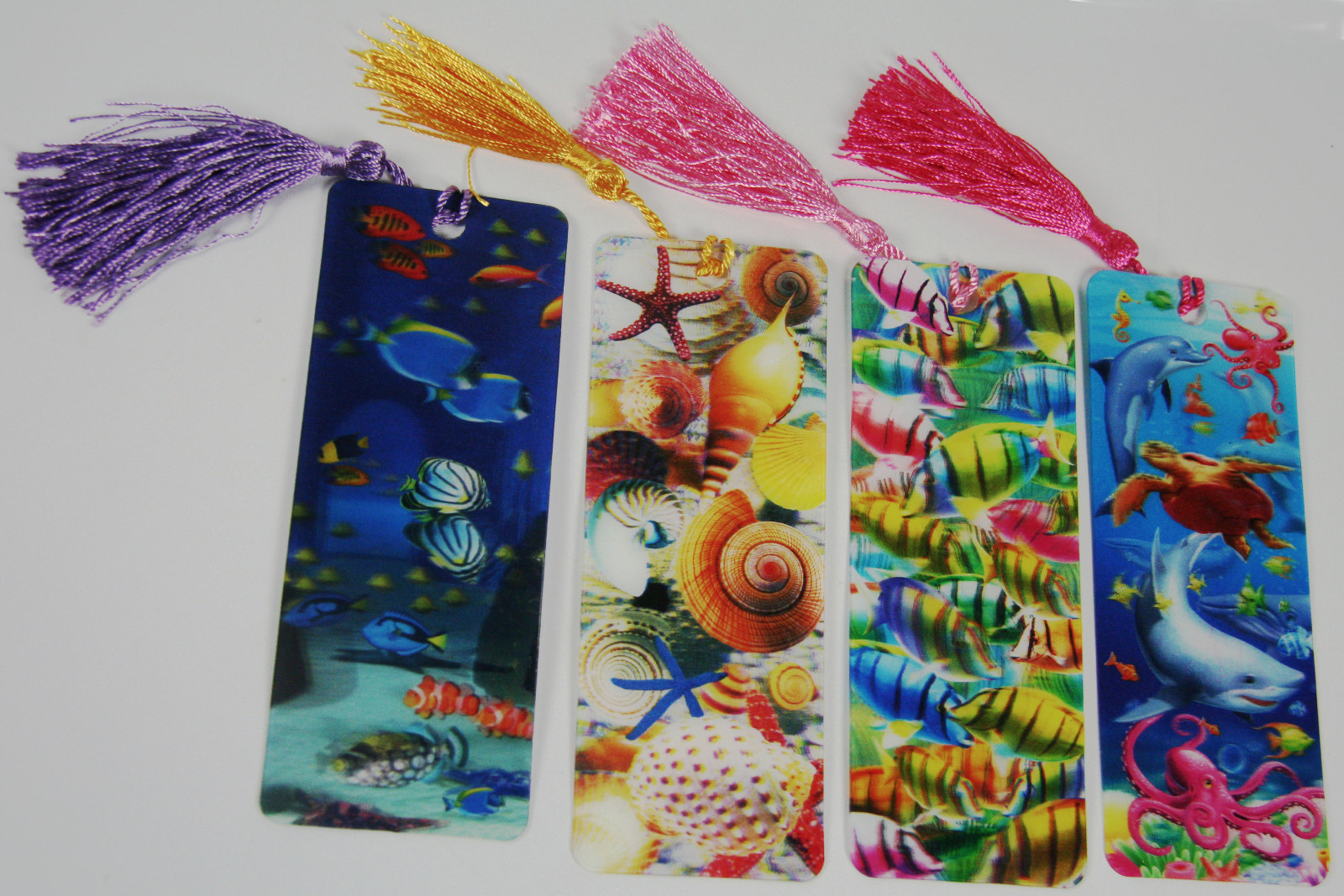 4 bookmarks - 3d lenticular - sea creatures,  underwater life with tassles