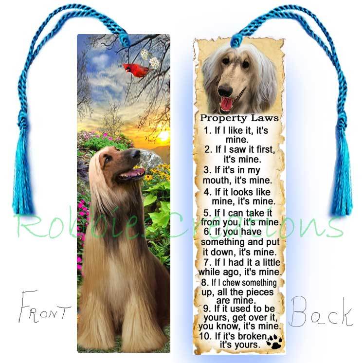 Afghan hound large bookmark w/tassel red dog rules property law book art card