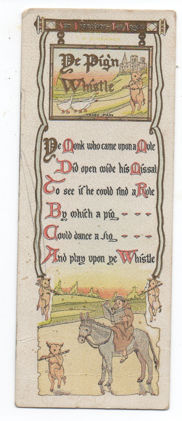 1920s pig n' whistle restaurant advertising bookmark w/ graphics