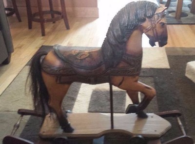 Wooden Hand Carved Rocking Horse Saddle Steel Wheels & Real Horse Hair Carousel