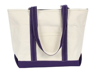 ... Canvas Tote Bag PlumWhite Long Handles Side Pocket Velcro Closure-NEW