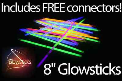 50 or 100 Coloured 8" Glowsticks - Glow Sticks, Bracelets + Necklaces Parties