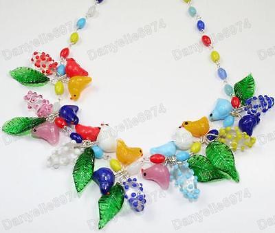 BIRDS&LEAVES blossom MULTI murano GLASS BEAD NECKLACE vintage BLUE,RED bird&leaf