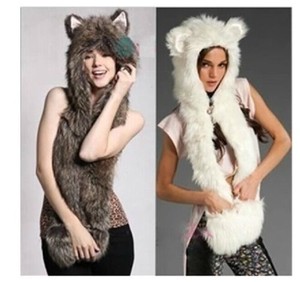 WITH FUR 2015 ANIMAL scarf ears  SCARF EARS FAUX COVER HAT WINTER hooded GLOVE New fur with HOODED