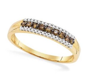 ... 100% 10K Yellow Gold Chocolate Brown  White Diamond Band Ring .20ct