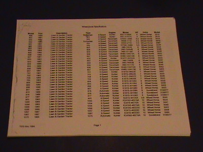 WHEEL HORSE SPECIFICATIONS MANUAL 1955 THRU 1984 ...