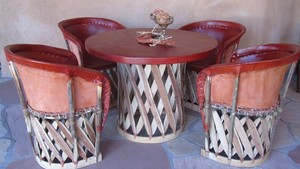 Handmade Mexican Equipale Rustic Wood and Pigskin Table Chair Set