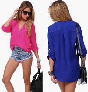 2014 Sexy V Neck Foldable Womens Chiffon Loose T Shirts Tops Loose Tops Blouse Q