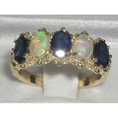 Pre-owned Gems Of America Solid 10k Yellow Gold Natural Sapphire & Opal Womens Band Ring - Sizes 4 To 12 In Blue