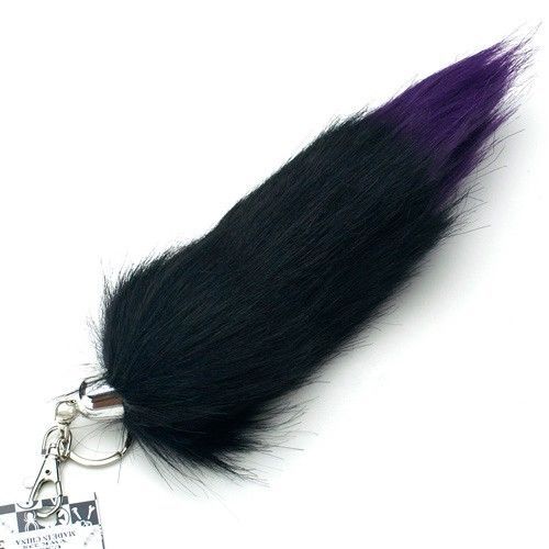 BLACK-WITH-PURPLE-FAUX-FOXTAIL-KEYCHAIN-RING-PURSE-TASSLE-BELT-CLIP-9-10-NEW