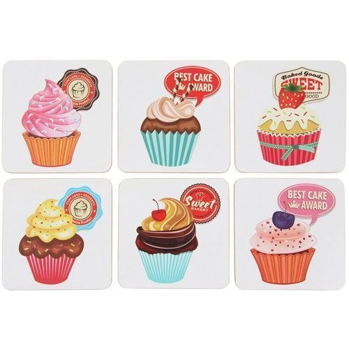 Leonardo-Set-of-6-Coasters-Vintage-Cupcakes-Pink-Retro-Kitchen