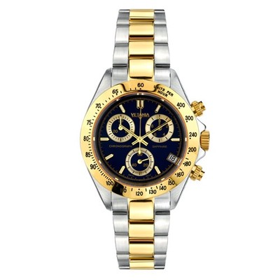 Pre-owned Vetania Grand Prix Swiss Quartz Chrono Men's Two-tone St. Steel Blue Dial Watch In Peach Puff