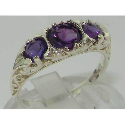 Pre-owned Gems Of America Vintage Style Solid 10k White Gold Natural Amethyst Trilogy Ring In Purple