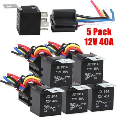 5pcs 30/40 Amp 5-Pin Spdt 12v Automotive Relay W/ Wires & Harness Socket Set Pea