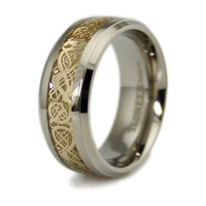 ... Men's Titanium Engravable Wedding Band Ring w Golden Dragon Inlay