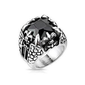 BAGUE HOMME ADO ACIER DIAMANT ONYX NOIR FLEUR DE LYS GRIFFE DRAGON