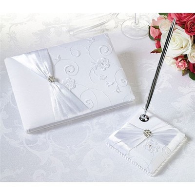 White Satin Wedding Guest Book and Pen ...