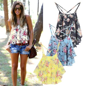 Women Summer Chiffon Double Sleeveless Stylish Printing Tops Vests Tank Blouses