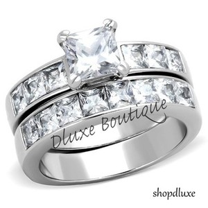 ... -PRINCESS-CUT-CZ-STAINLESS-STEEL-WEDDING-RING-SET-WOMENS-SIZE-5-12