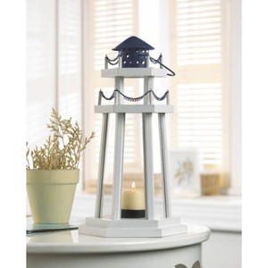 Wooden Light House Lantern Glass Candle Holder White Nautical Decor 