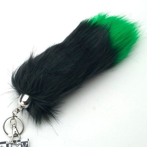 BLACK-W-GREEN-TIP-FAUX-FOXTAIL-KEYCHAIN-RING-PURSE-TASSLE-BELT-CLIP-9-10-NEW