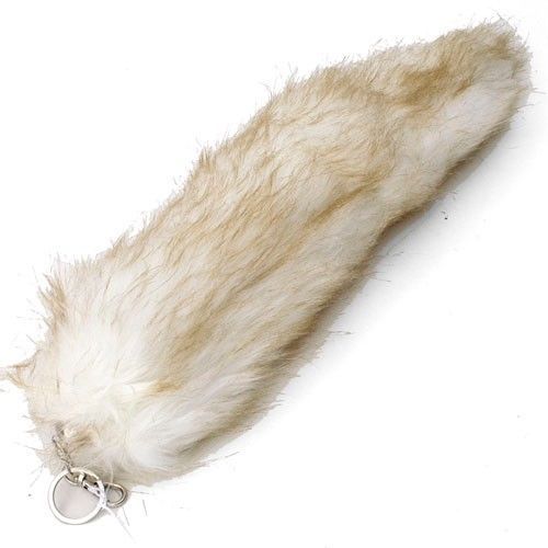 WHITE-WITH-BROWN-STREAKS-FUR-FOX-TAIL-FOXTAIL-KEYCHAIN-12-CLIP-BRAND-NEW