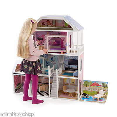 New Mamakiddies 1.3metre Tall Barbie Wooden Dolls House + Furniture/ Garage/Pool