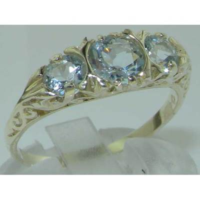 Pre-owned Gems Of America Vintage Style Solid 10k White Gold Natural Aquamarine Trilogy Ring In Blue