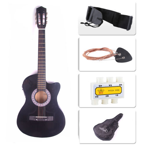 38" Acoustic Guitar Bundle Instrument Design With Guitar Case, Strap  Black New
