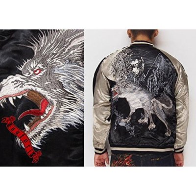 Pre-owned Satori Japanese Sukajan Jacket Reversible Month Wolf Embroidery Size M In Black