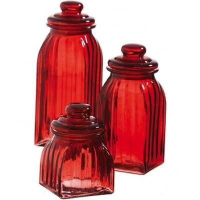 NEW RED GLASS SQUARE RIBBED CANISTER SET ...