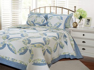 ... 3pc-Queen-Quilt-Set-White-Blue-Yellow-Wedding-Ring-Paisley-Reversible