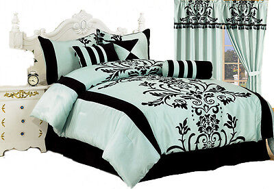 Aqua Blue with Black Floral Flocking Comforter/Bedding ...