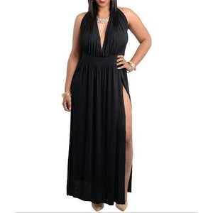 ... Plus Size V Neck Halter Ties Side Slits Cocktail Maxi Dress Black 1X