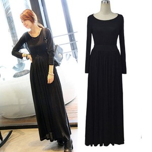 ... -Maxi-Dress-Crewneck-Cotton-Blends-Long-Sleeve-Gray-Black-Casual