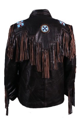 Pre-owned Sleekhides Men's Western Cow Leather Coat Fringed & Eagle Bead Work All Sizes In Black & Brown