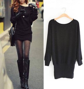 US 10 12 14 Loose Batwing Sleeve Womens Mini Dress Tops Spring Sweater Black