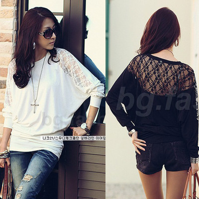 Womens Loose Batwing Top Dolman Long Sleeve Lace T-Shirt Blouse Black&White S-M