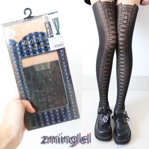 Sexy-Gothic-Lolita-Fake-Tie-Lace-up-Tights-Black-Pantyhose-Thin-Punk-Rock-Girls