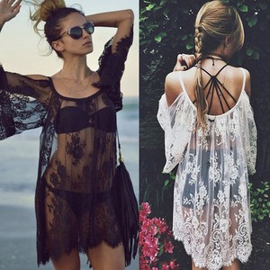 Oversize US 4-20 Sexy Boho Eyelash Lace Sheer Bikini Cover Up Beach Summer Dress