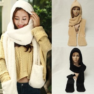 gloves Hat Ladies scarf Soft Winter Hood Warm  Fur Hooded with Gloves hooded Scarf Womens Fleece