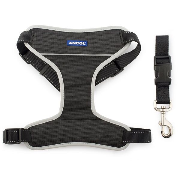 Ancol Dog Padded Car & Walking Harness Travel Seatbelt Clip Lead Safety - Black