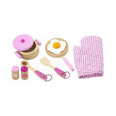 Childrens Pink Wooden Kitchen Cooking Set Pans, Oven Glove Pretend Play-Set Toy