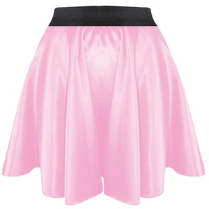 elastic pleated shiny waist satin skirt retro short mini pink dress
