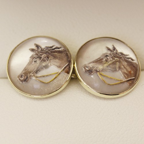 Antique 1920s reverse intaglio Essex crystal horse head cuff links, in 14ct gold