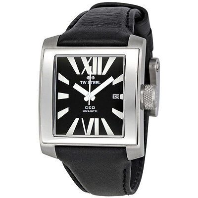 Pre-owned Tw Steel Ce3004 Goliath Black Leather Strap Date Men's Watch $475 Great Gift